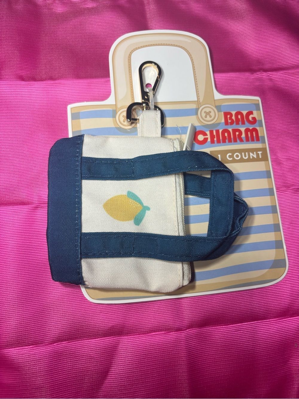 New Bag Charm Lemon Mini Tote Bag Charm with Navy Trim